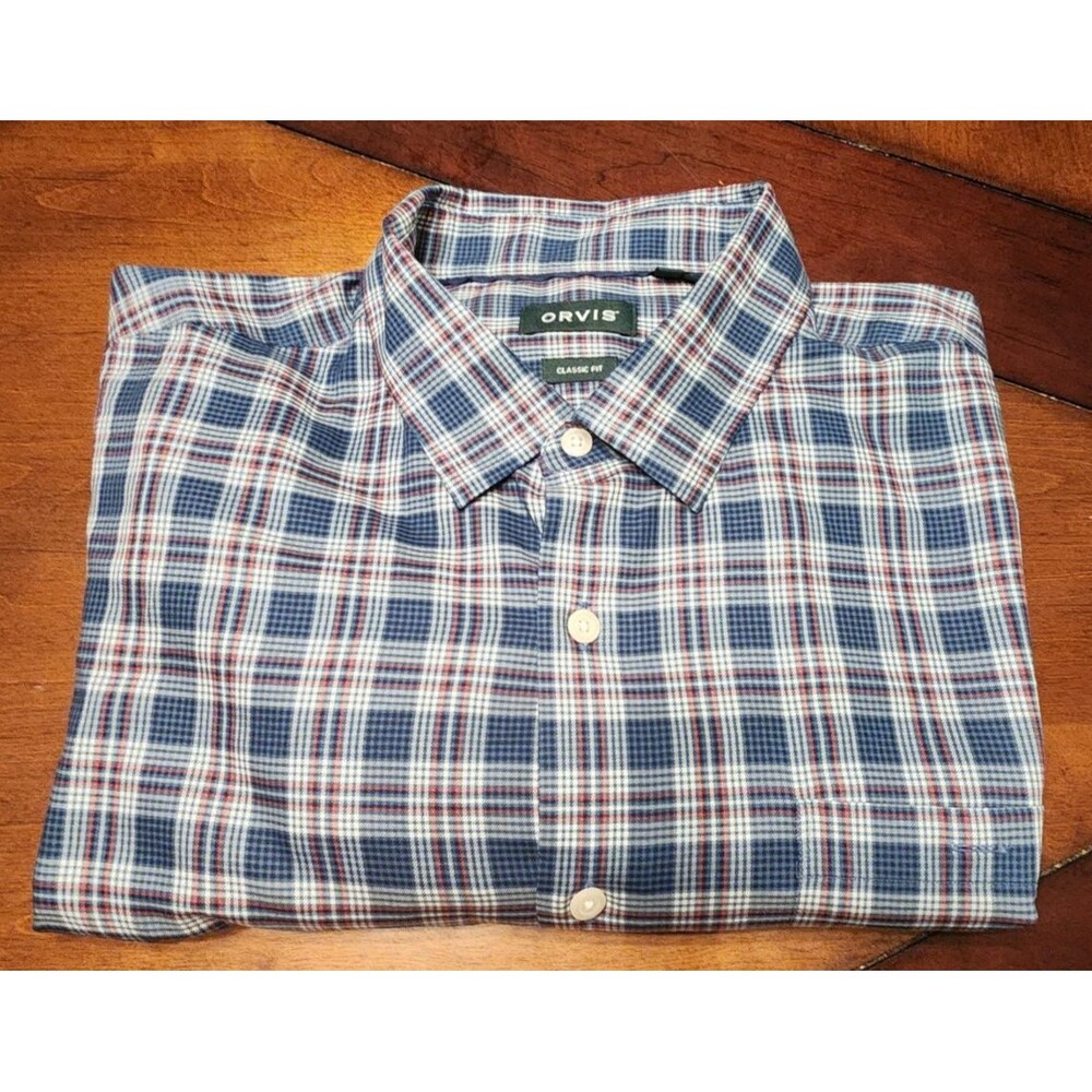 Orvis Classic Fit Plaid Long Sleeve Button Down Men' Shirt Blue Plaid Size XXL